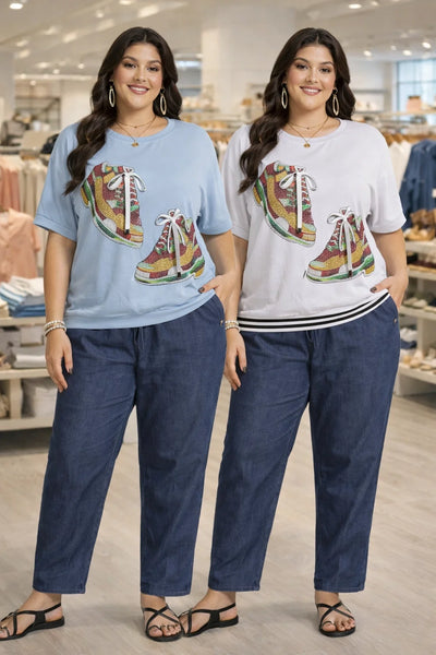 ДО 5ХЛ ПАНТАЛОН ТИП ДЪНКОВ +БЛУЗА С КАМЪНИ