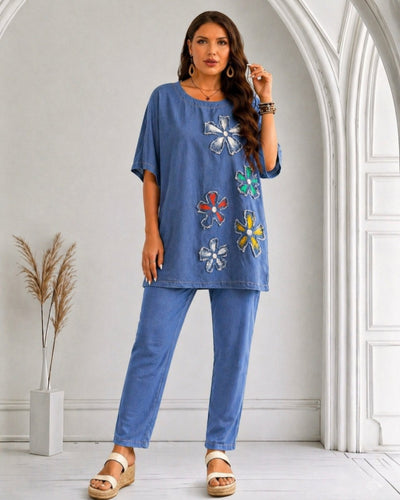 ЛЕТНИ ДЪНКИ+ТУНИЧКА ДЕНИМ С 3D ЦВЕТЯ