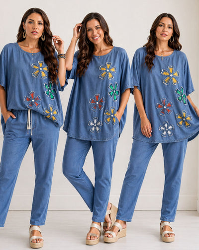 ЛЕТНИ ДЪНКИ+ТУНИЧКА ДЕНИМ С 3D ЦВЕТЯ