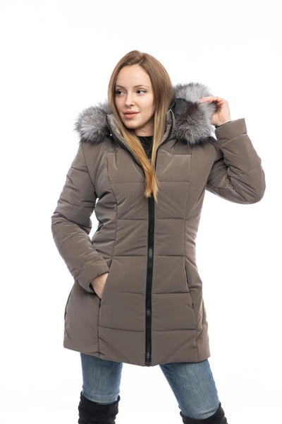 Дълго яке с естествен пух качулка, цвят КАФЕ и МОКА