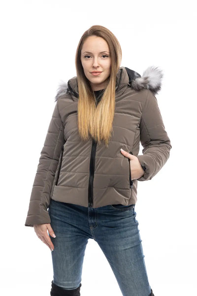 Яке с естествен пух качулка с цвят МОКА И КАФЕ