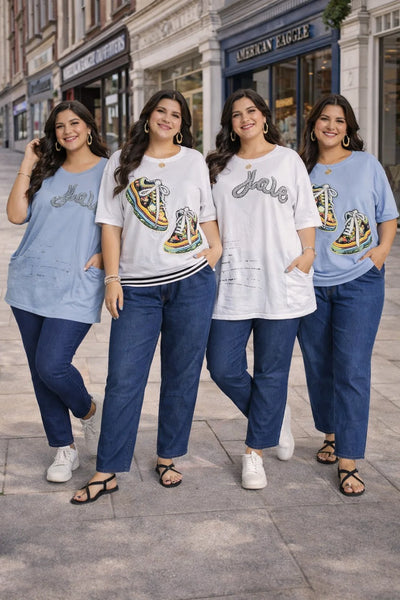 ДО 5ХЛ ПАНТАЛОН ТИП ДЪНКОВ +БЛУЗА С КАМЪНИ