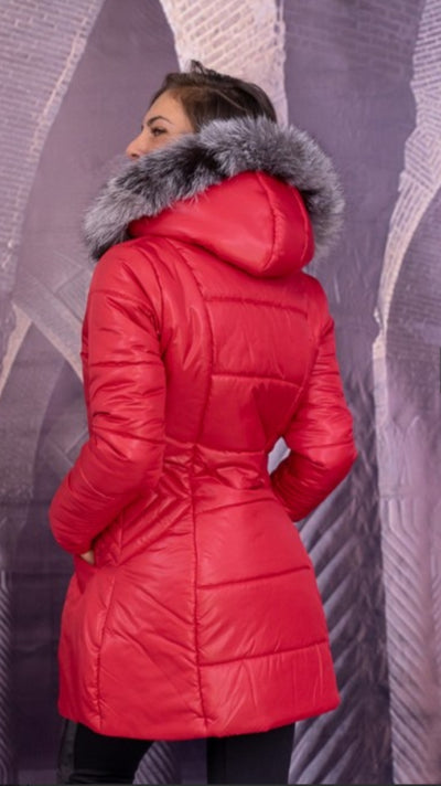 Зимно яке с естествен пух качулка Червено
