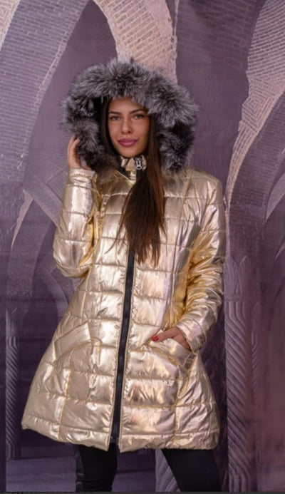 Яке златист лак дълъг вариант,естествен пух качулка