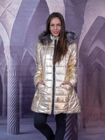 Яке златист лак дълъг вариант,естествен пух качулка